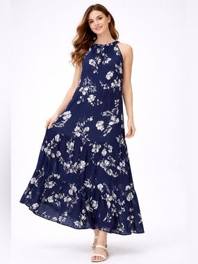 Ripe Maternity Navy Floral Maxi Dress XS Blue White Sleeveless Tiered